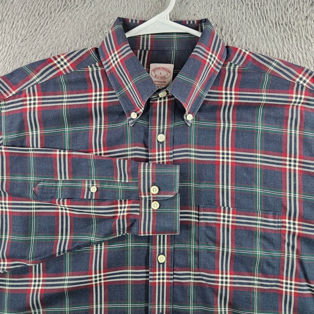 Brooks Brothers Madison Shirt Mens Large Blue Red Plaid Supima Cotton Non-Iron